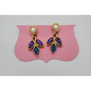 Vintage Trifari Dangle Pierced‎ Earrings Purple/ Blue/ Gold